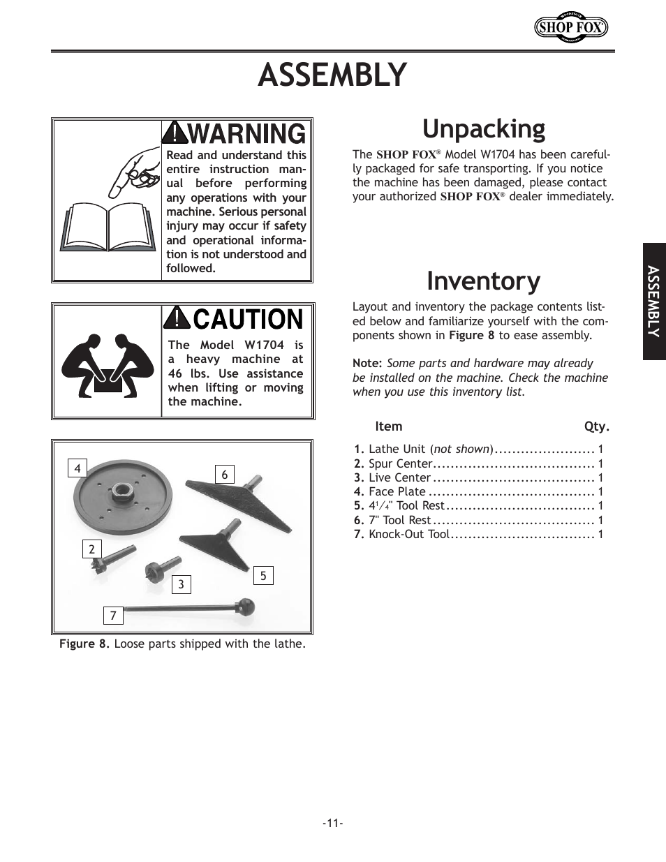 Assembly, Inventory, Unpacking | Woodstock SHOP FOX W1704 User Manual | Page 13 / 32