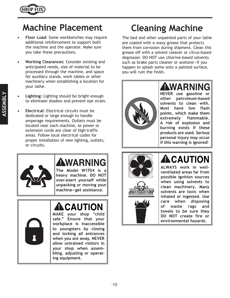 Cleaning machine, Machine placement | Woodstock SHOP FOX W1704 User Manual | Page 14 / 32