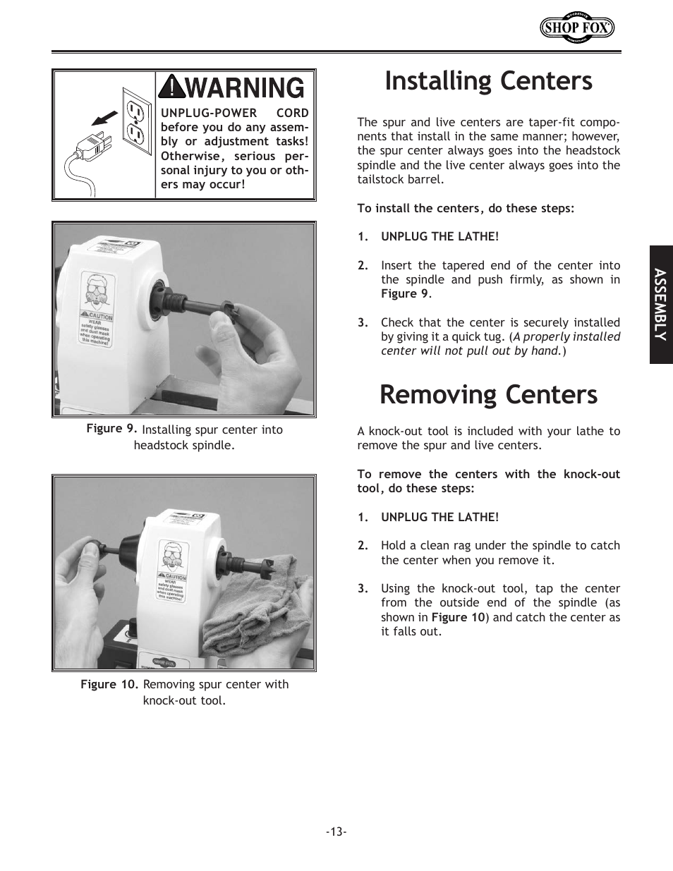 Removing centers, Installing centers | Woodstock SHOP FOX W1704 User Manual | Page 15 / 32