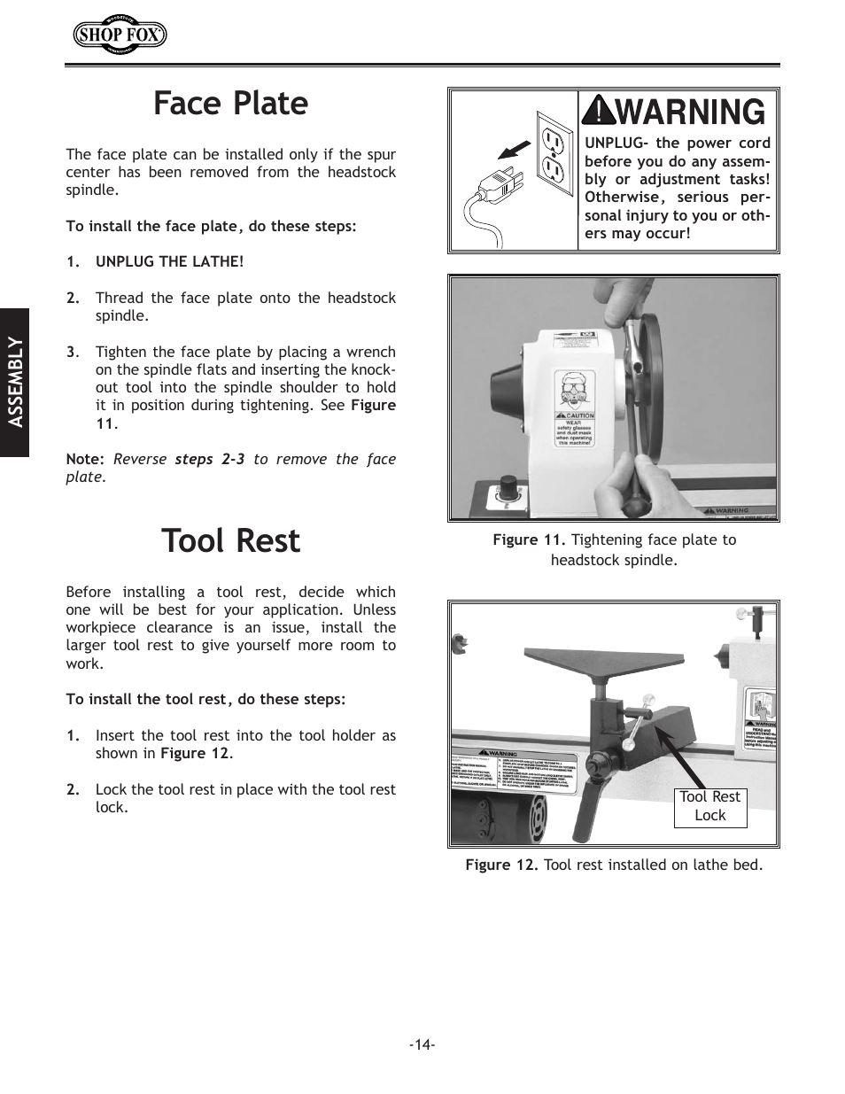 Tool rest, Face plate | Woodstock SHOP FOX W1704 User Manual | Page 16 / 32