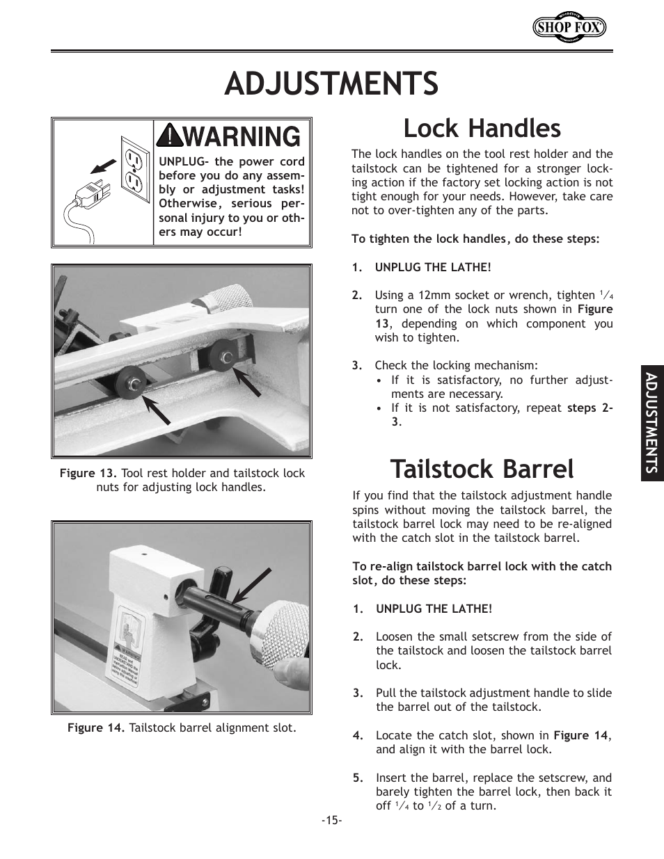 Tailstock barrel, Lock handles, Adjustments | Woodstock SHOP FOX W1704 User Manual | Page 17 / 32