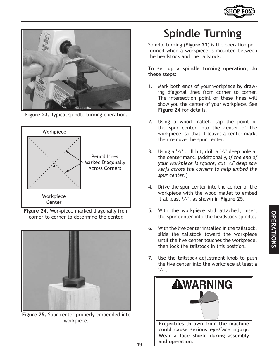 Spindle turning, Operations | Woodstock SHOP FOX W1704 User Manual | Page 21 / 32