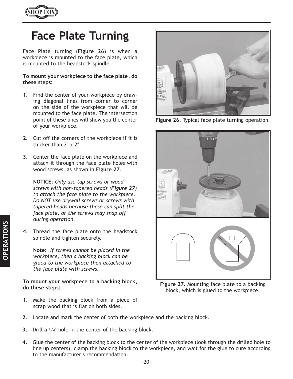 Face plate turning, Operations | Woodstock SHOP FOX W1704 User Manual | Page 22 / 32