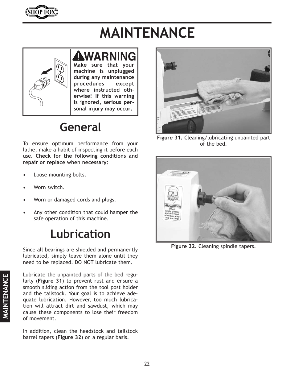 Maintenance, Lubrication, General | Woodstock SHOP FOX W1704 User Manual | Page 24 / 32