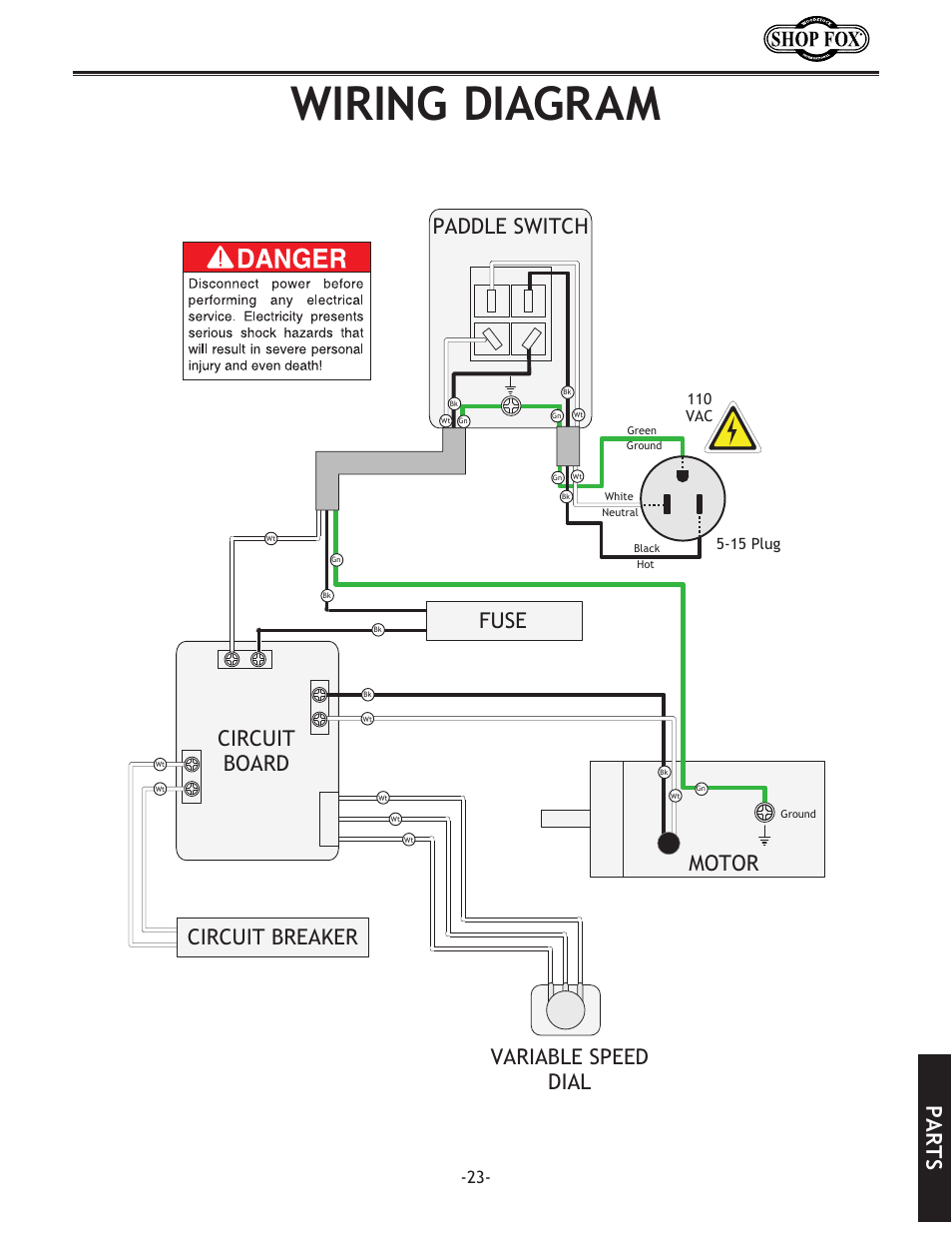 Wiring diagram, Parts, Paddle switch | Fuse | Woodstock SHOP FOX W1704 User Manual | Page 25 / 32