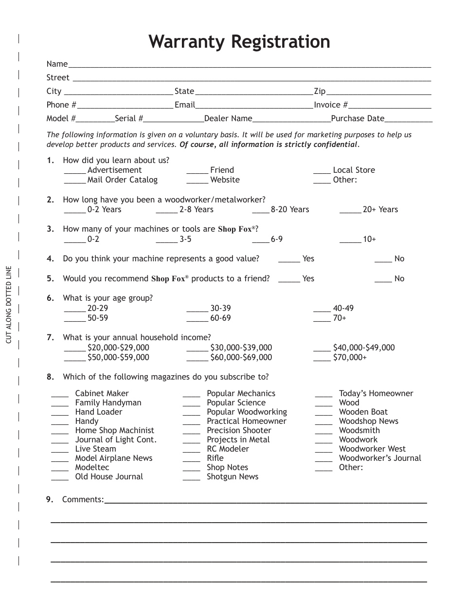 Warranty registration | Woodstock SHOP FOX W1704 User Manual | Page 29 / 32