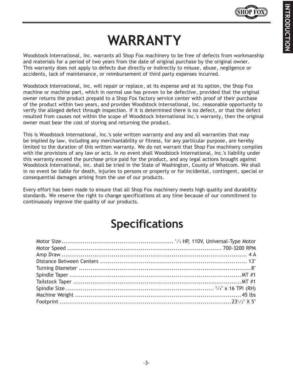 Warranty, Specifications, Introduction | Woodstock SHOP FOX W1704 User Manual | Page 5 / 32