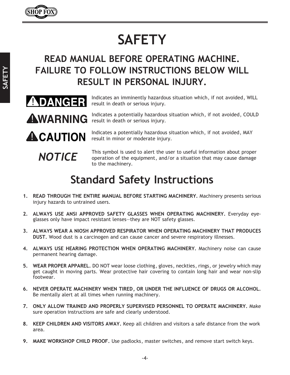 Safety, Standard machinery safety, Standard safety instructions | Notice | Woodstock SHOP FOX W1704 User Manual | Page 6 / 32