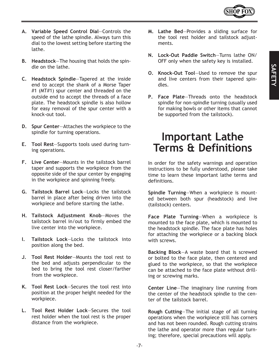 Important lathe terms & definitions | Woodstock SHOP FOX W1704 User Manual | Page 9 / 32