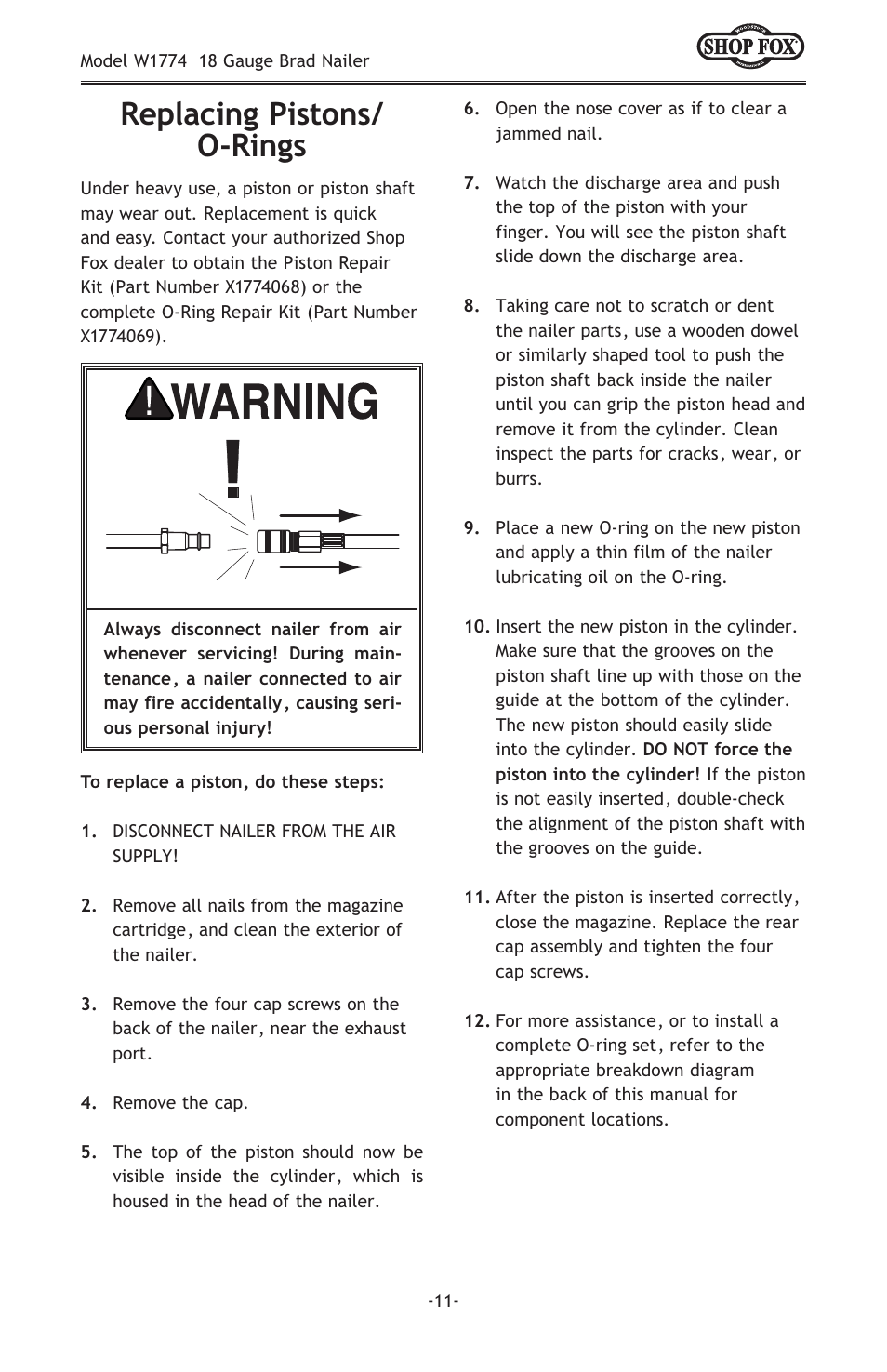 Replacing pistons/ o-rings | Woodstock W1774 User Manual | Page 13 / 20