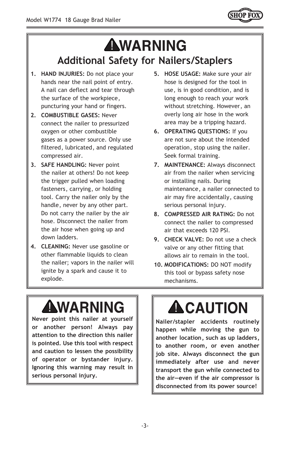 Additional safety for nailers/staplers | Woodstock W1774 User Manual | Page 5 / 20