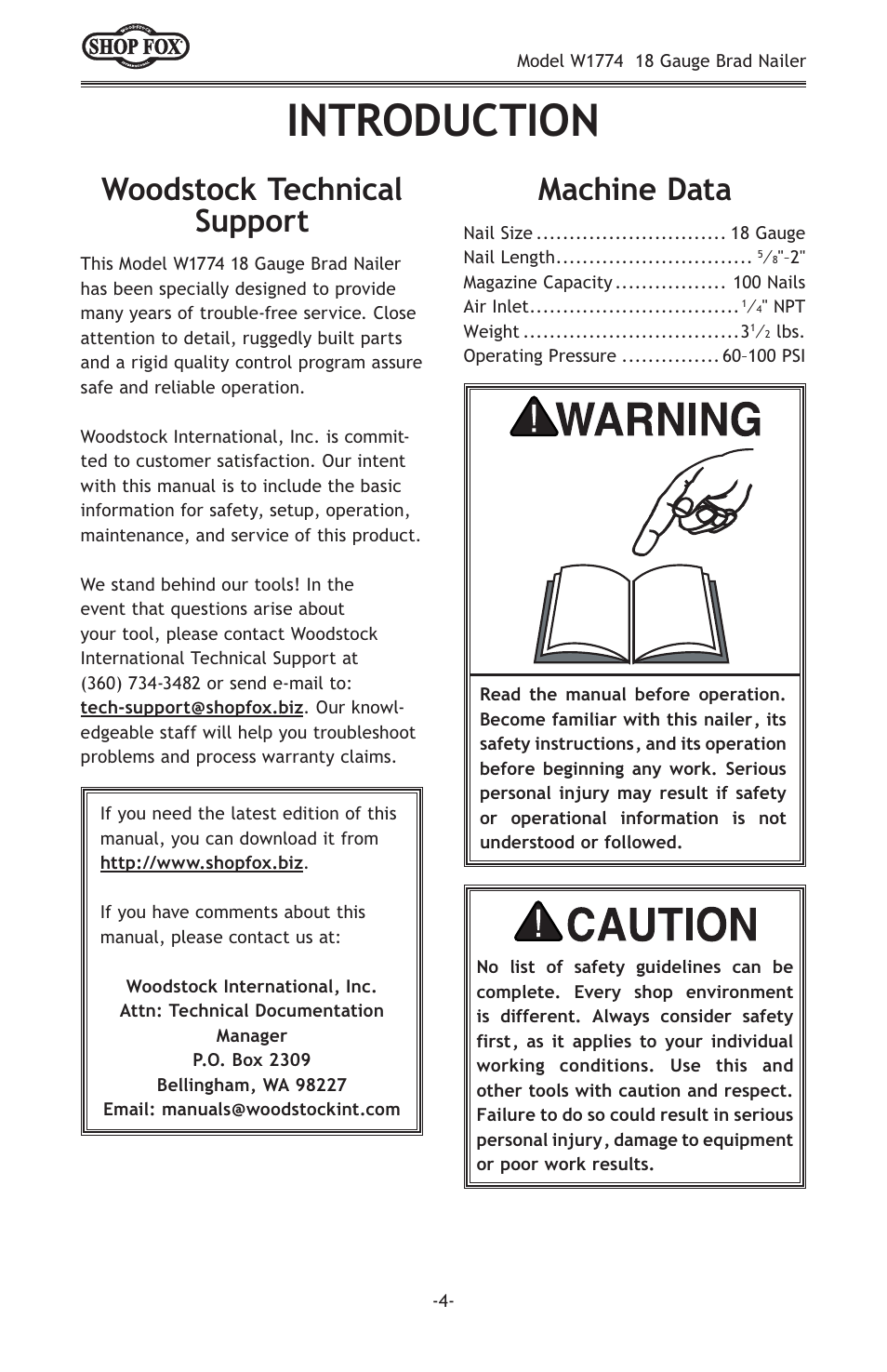 Introduction, Woodstock technical support machine data | Woodstock W1774 User Manual | Page 6 / 20