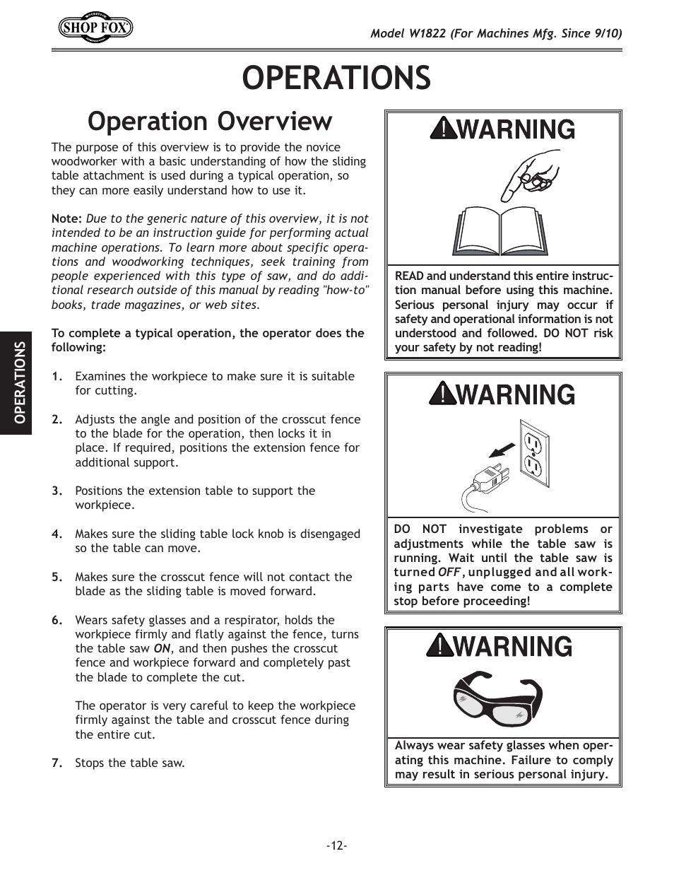 Operations, Operation overview | Woodstock W1822 User Manual | Page 14 / 24