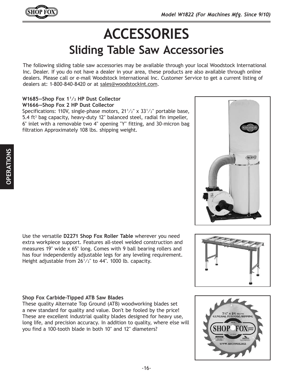 Accessories, Sliding table saw accessories | Woodstock W1822 User Manual | Page 18 / 24