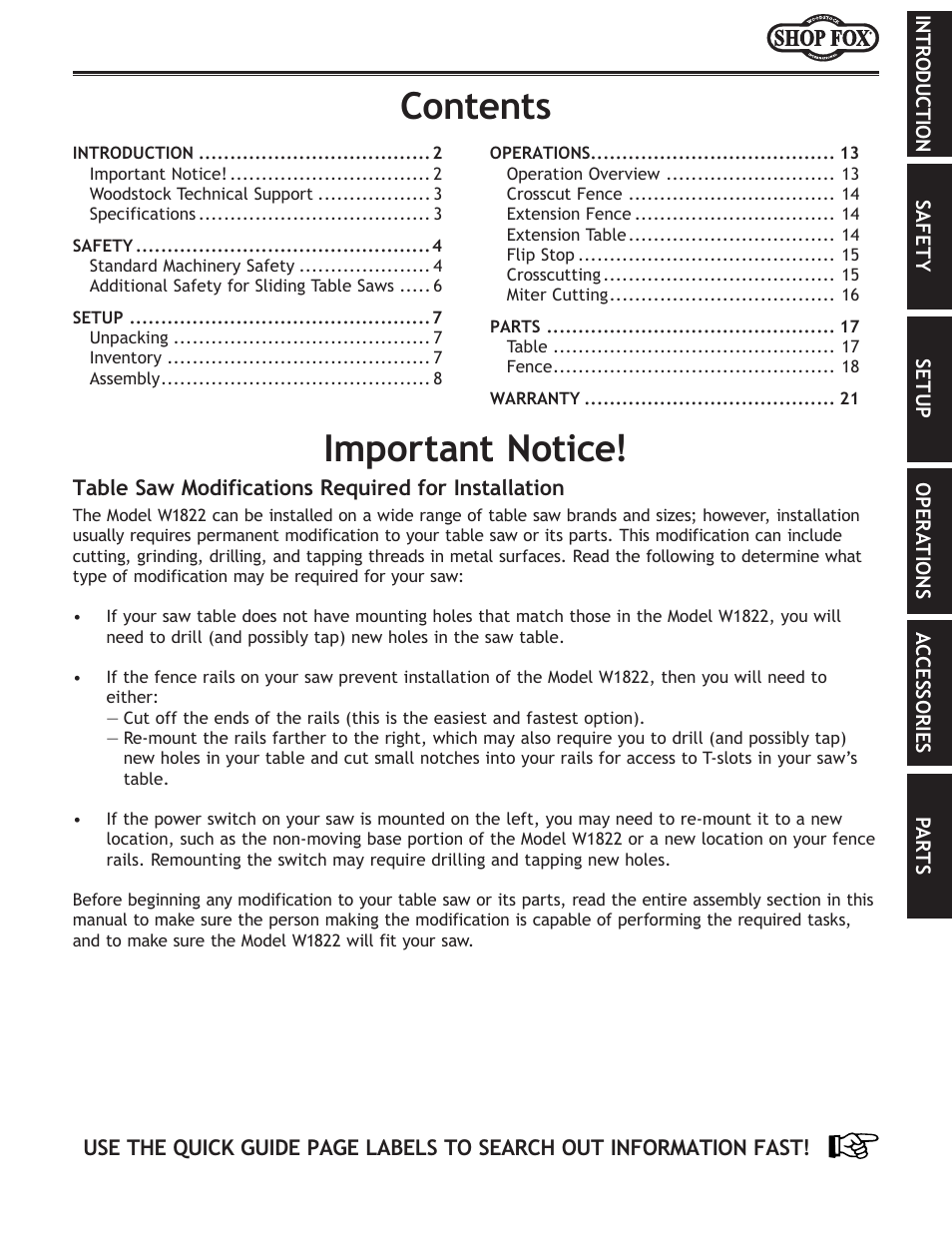 Woodstock W1822 User Manual | Page 3 / 24