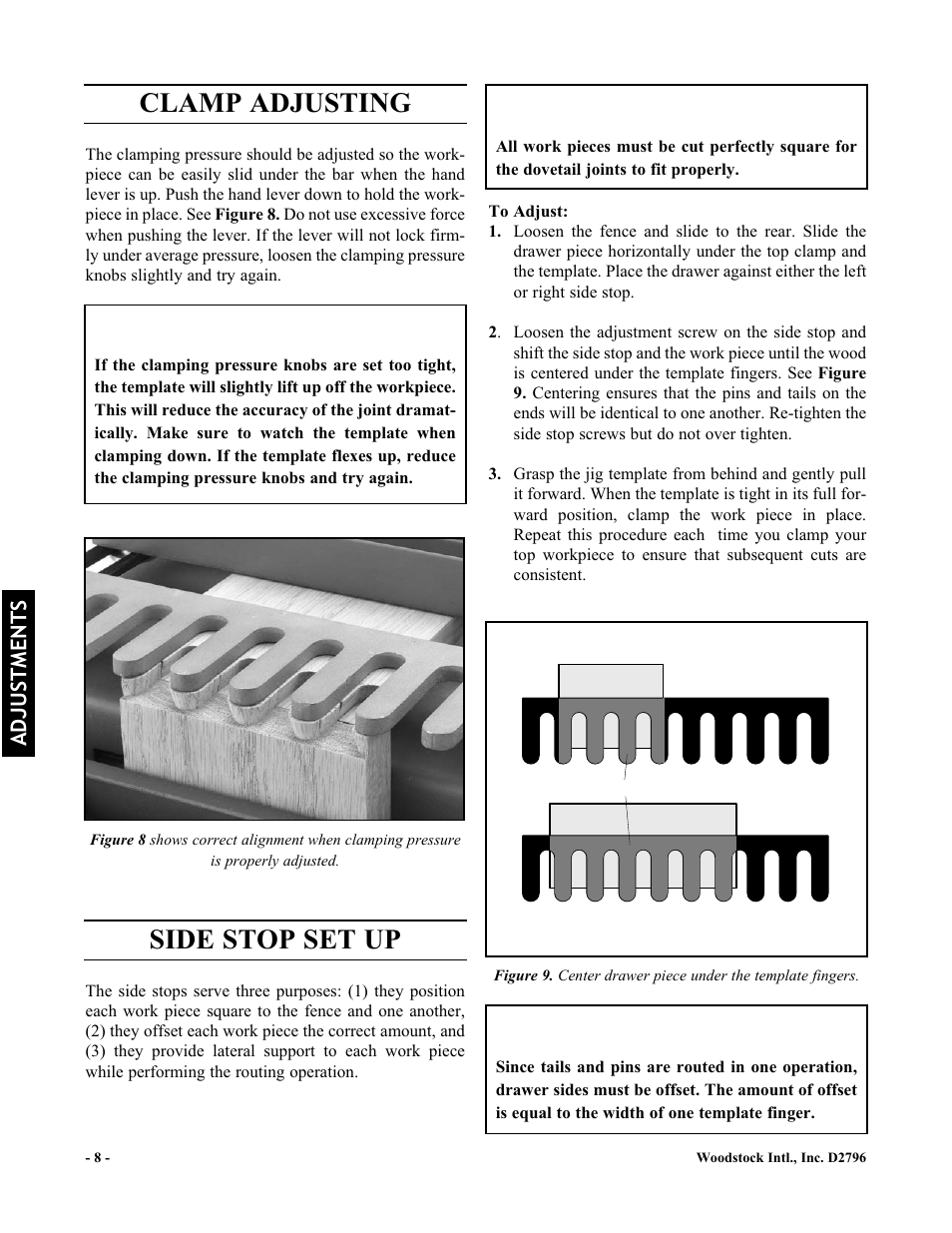 Notice, Clamp adjusting side stop set up | Woodstock D2796 User Manual | Page 10 / 25