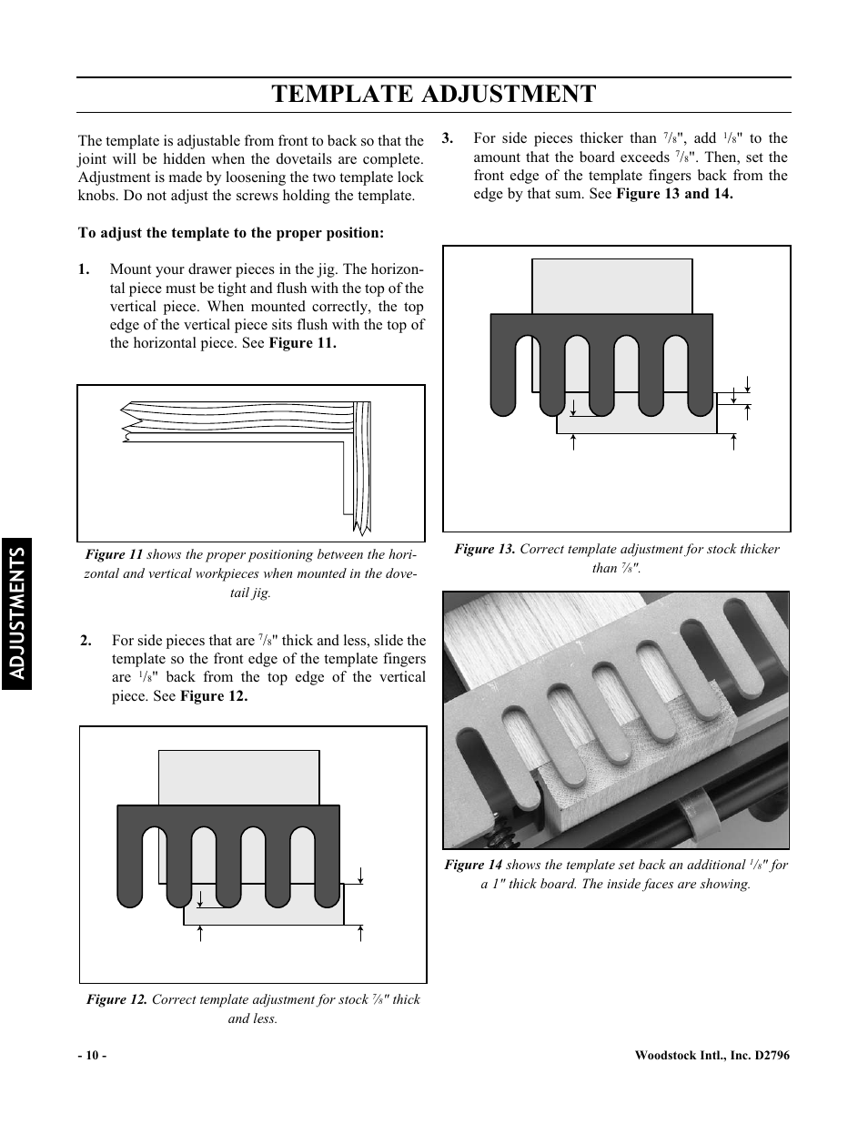 Template adjustment, Adjustments | Woodstock D2796 User Manual | Page 12 / 25
