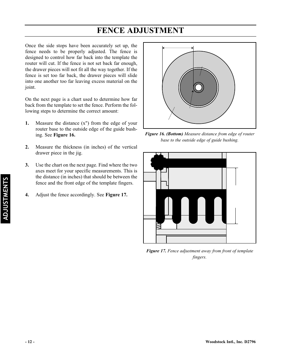 Fence adjustment, Adjustments | Woodstock D2796 User Manual | Page 14 / 25