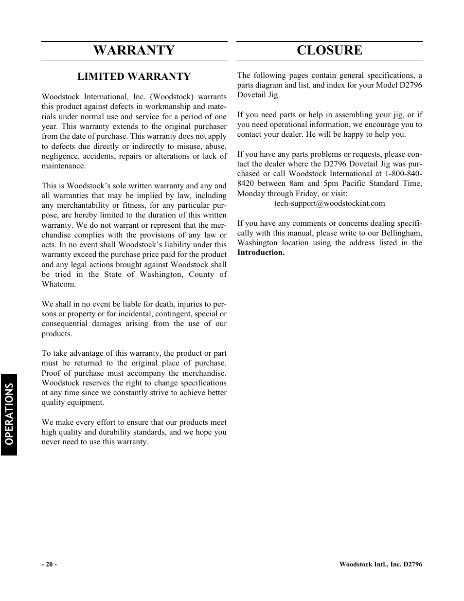 Warranty closure | Woodstock D2796 User Manual | Page 22 / 25