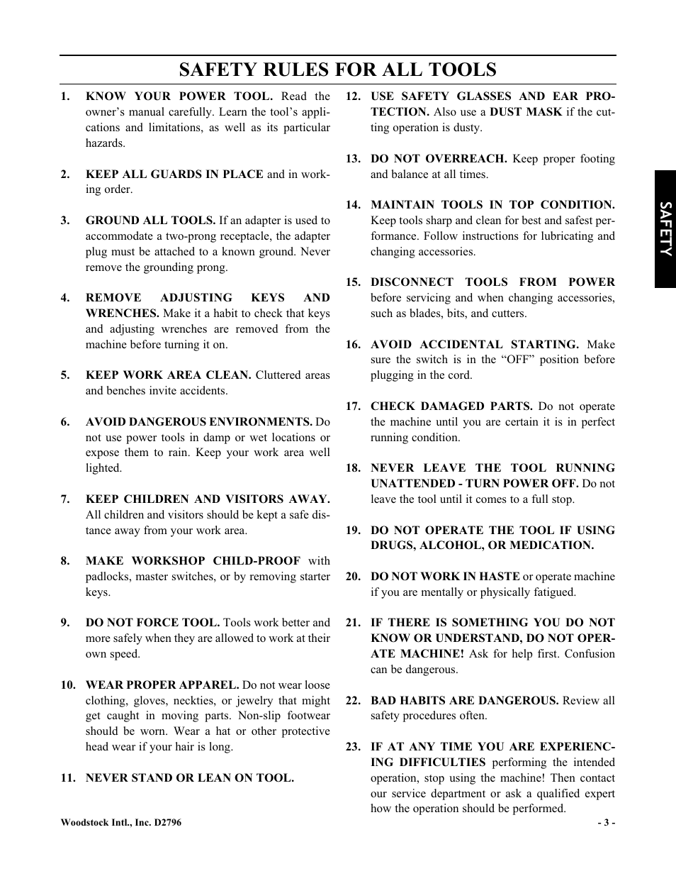 Safety rules for all tools, Safety | Woodstock D2796 User Manual | Page 5 / 25