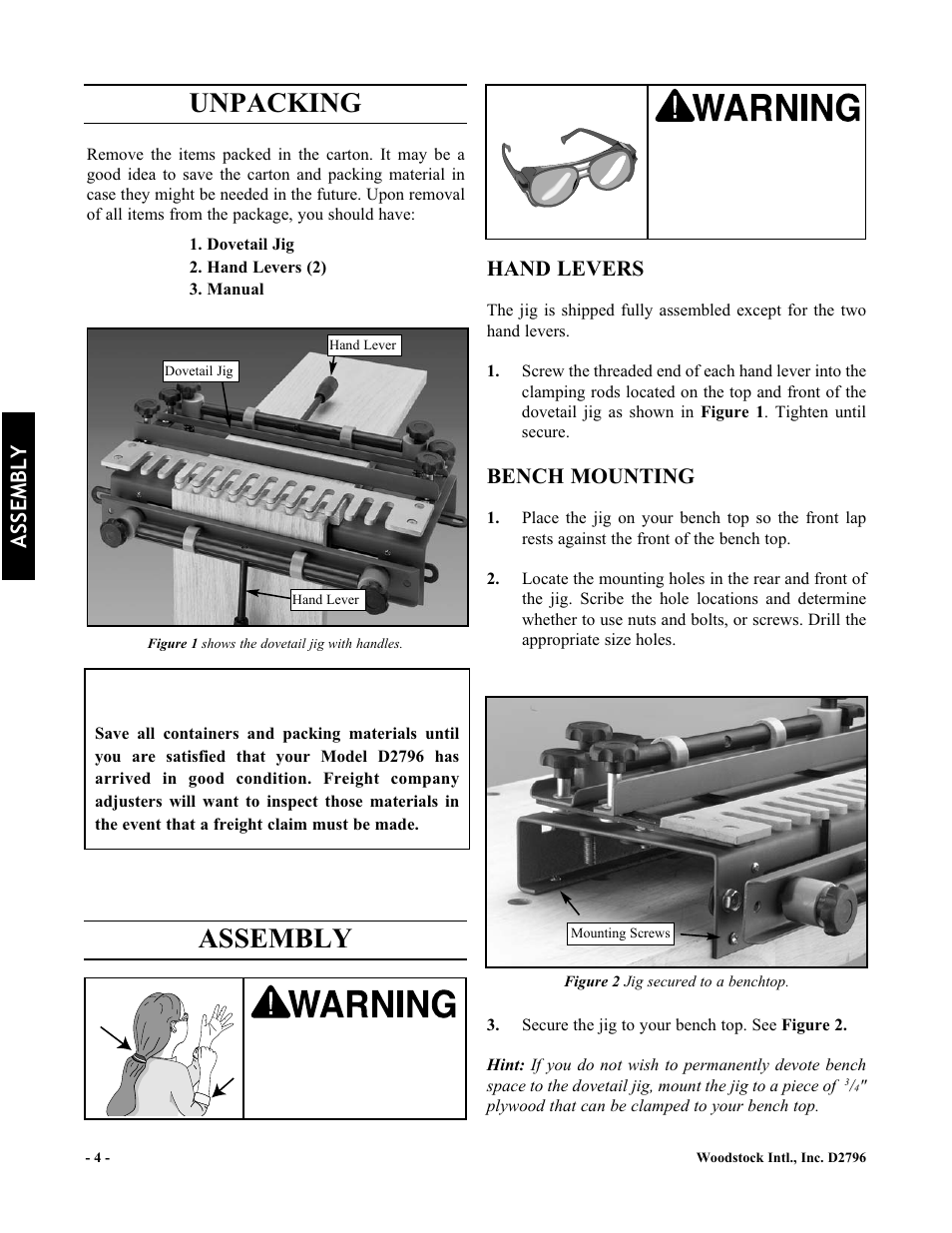 Notice, Unpacking assembly, Assembly | Bench mounting, Hand levers | Woodstock D2796 User Manual | Page 6 / 25