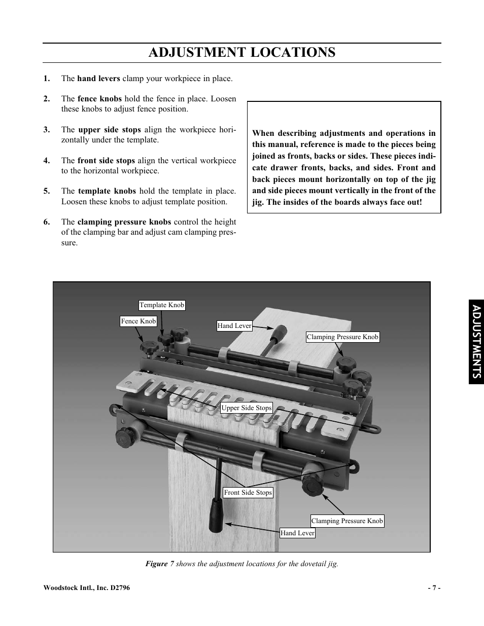 Notice, Adjustment locations, Adjustments | Woodstock D2796 User Manual | Page 9 / 25