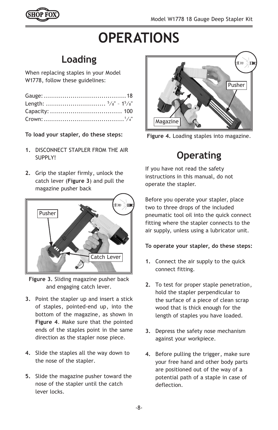 Operations, Loading, Operating | Woodstock SHOP FOX W1778 User Manual | Page 10 / 20