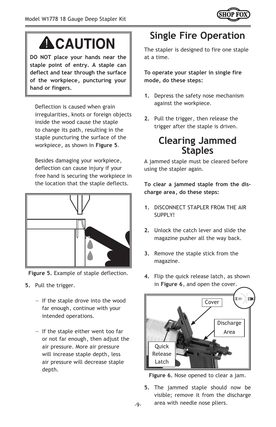 Single fire operation, Clearing jammed staples | Woodstock SHOP FOX W1778 User Manual | Page 11 / 20