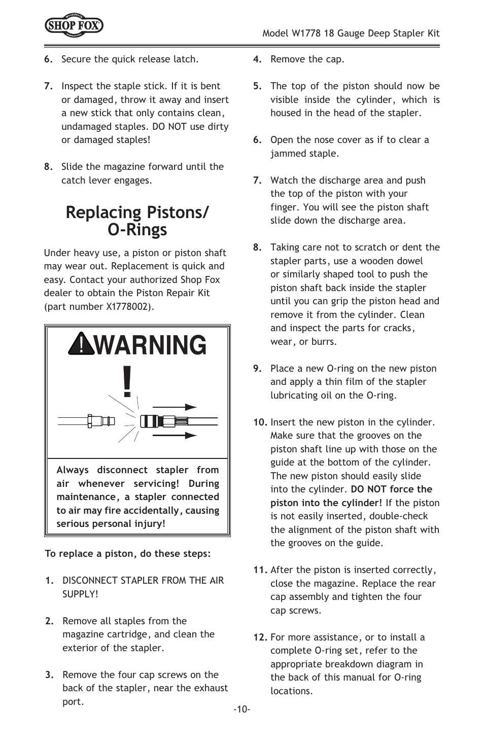 Replacing pistons/ o-rings | Woodstock SHOP FOX W1778 User Manual | Page 12 / 20