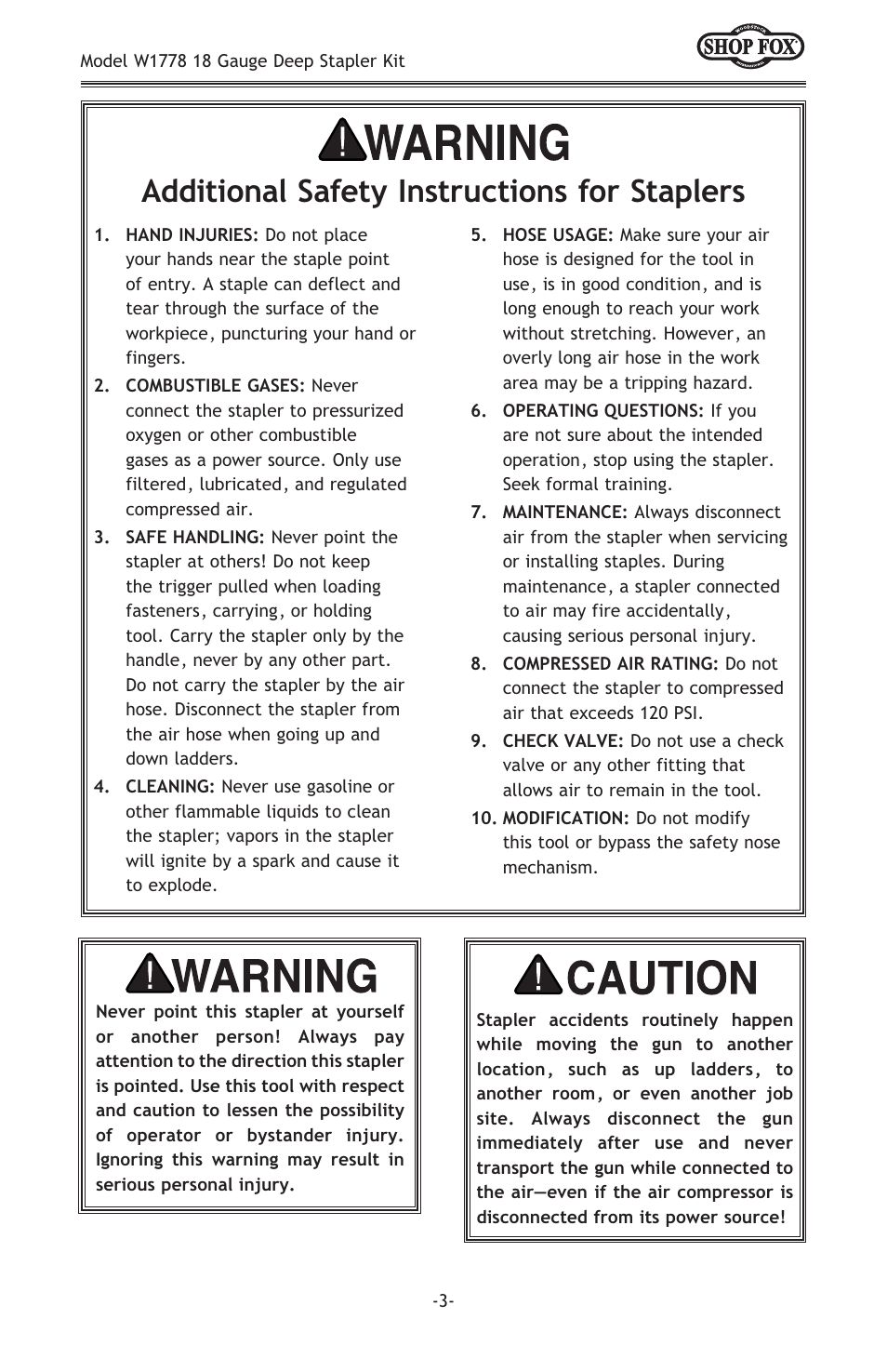 Additional safety instructions for staplers | Woodstock SHOP FOX W1778 User Manual | Page 5 / 20