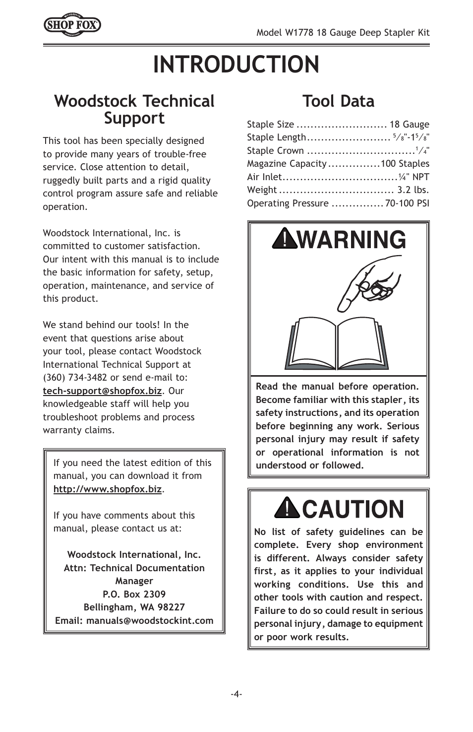 Introduction, Woodstock technical support tool data | Woodstock SHOP FOX W1778 User Manual | Page 6 / 20