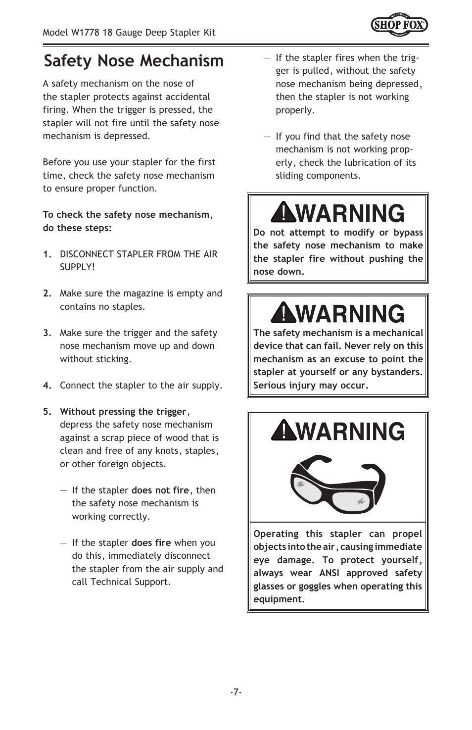 Safety nose mechanism | Woodstock SHOP FOX W1778 User Manual | Page 9 / 20