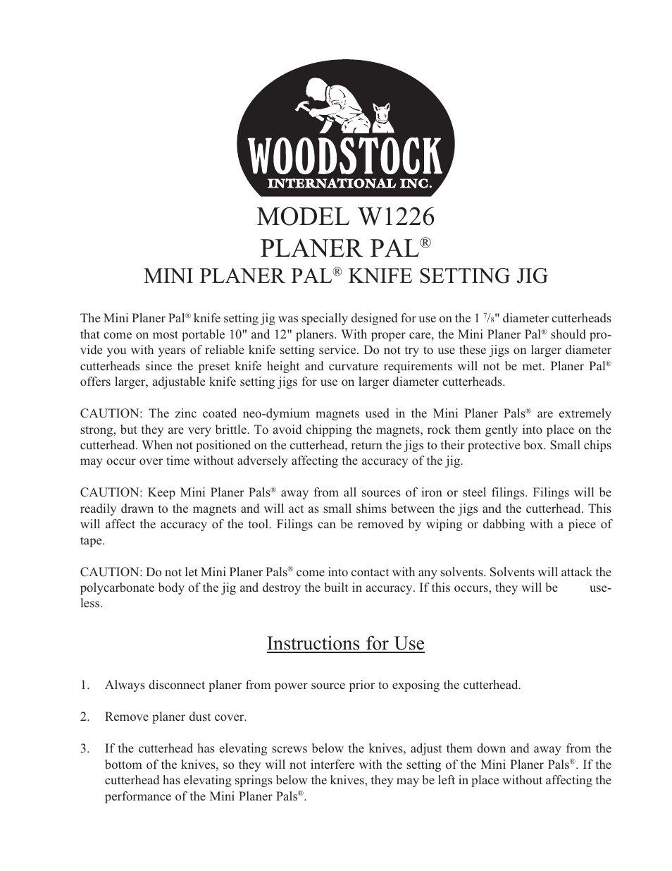 Woodstock PAL W1226 User Manual | 2 pages