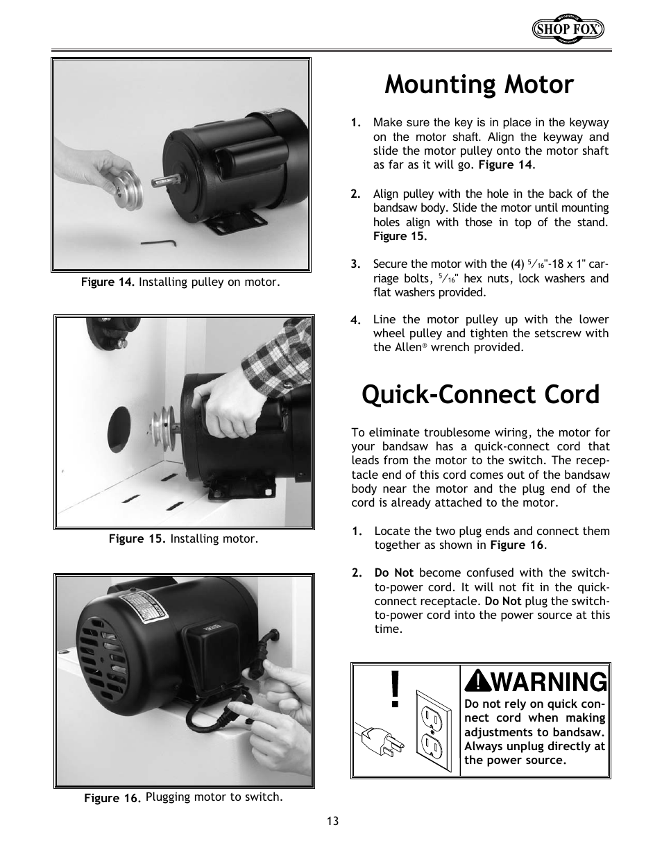 Mounting motor, Quick-connect cord | Woodstock W1672 User Manual | Page 14 / 45