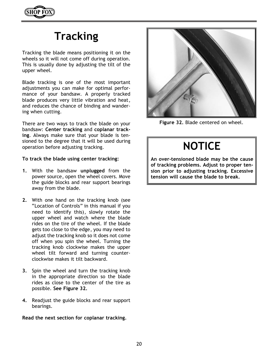 Tracking, Notice | Woodstock W1672 User Manual | Page 21 / 45