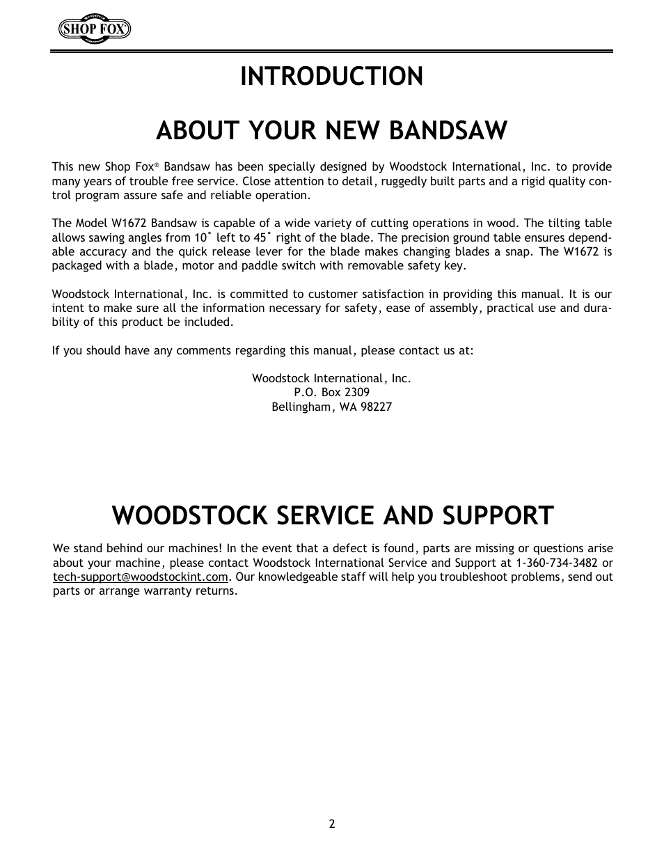 Introduction about your new bandsaw, Woodstock service and support | Woodstock W1672 User Manual | Page 3 / 45