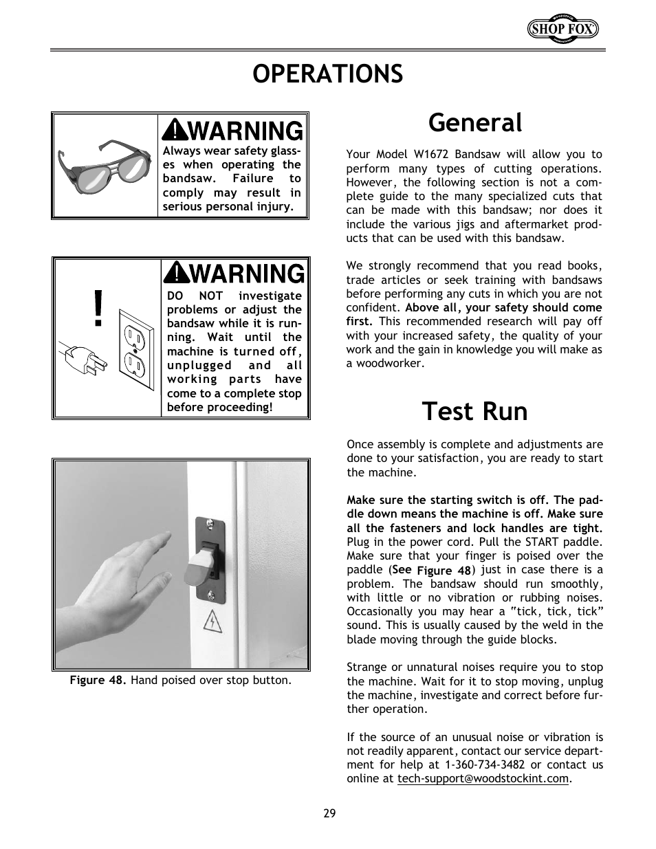 Operations, Test run general | Woodstock W1672 User Manual | Page 30 / 45
