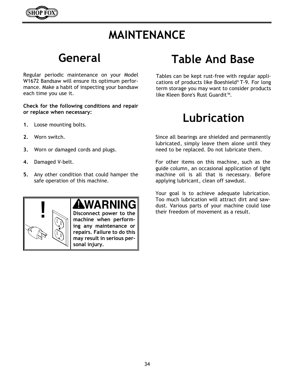 Maintenance lubrication, General table and base | Woodstock W1672 User Manual | Page 35 / 45