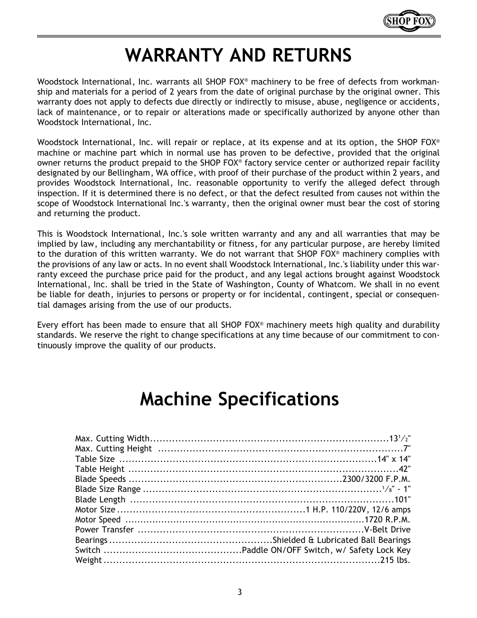 Warranty and returns machine specifications | Woodstock W1672 User Manual | Page 4 / 45