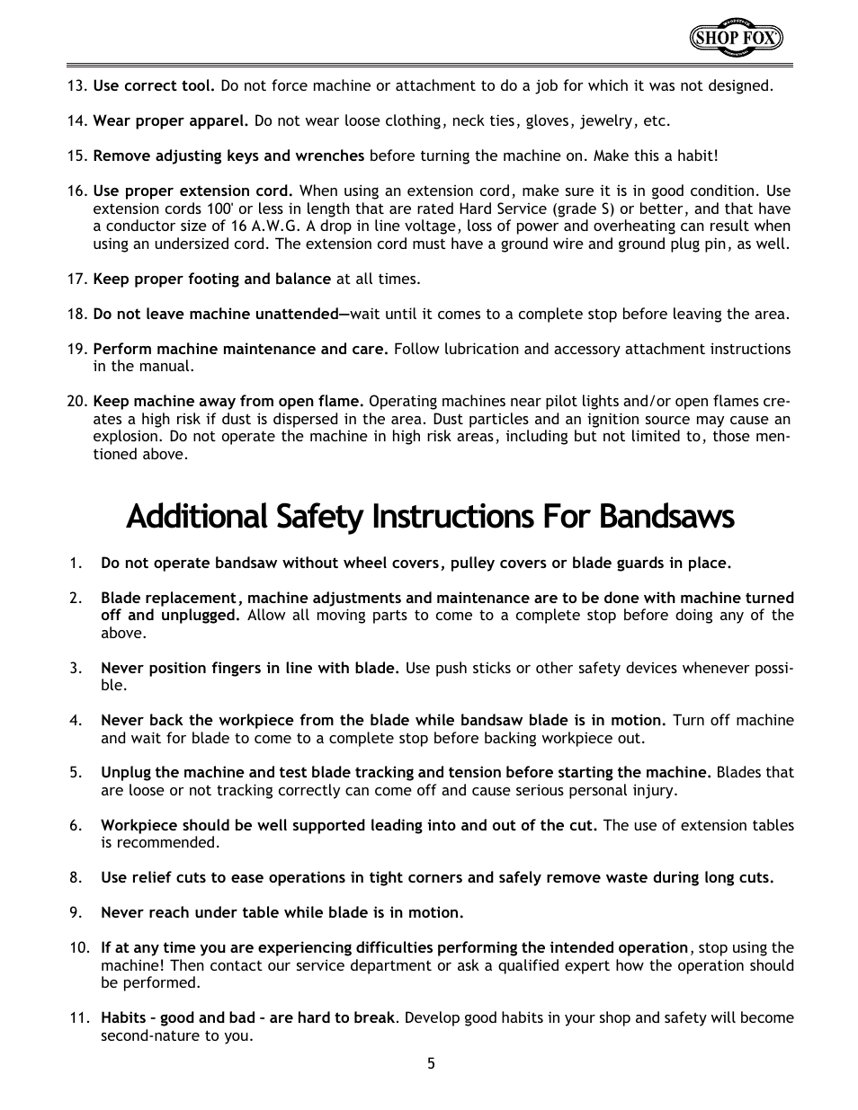 Additional safety instructions for bandsaws | Woodstock W1672 User Manual | Page 6 / 45