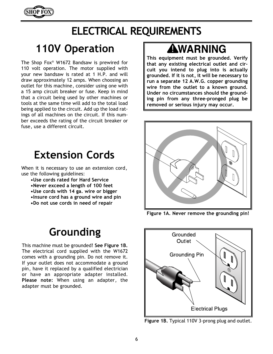 110v operation electrical requirements, Extension cords grounding | Woodstock W1672 User Manual | Page 7 / 45