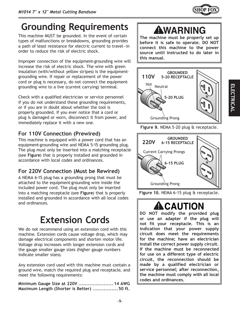 Grounding requirements, Extension cords, Grounding requirements extension cords | Woodstock SHOP FOX M1014 User Manual | Page 11 / 52