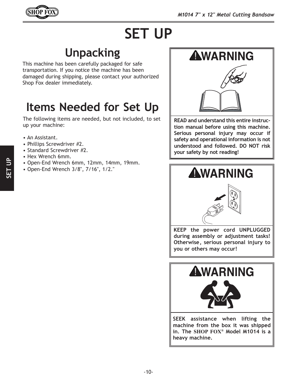 Set up, Unpacking, Items needed for set up | Woodstock SHOP FOX M1014 User Manual | Page 12 / 52