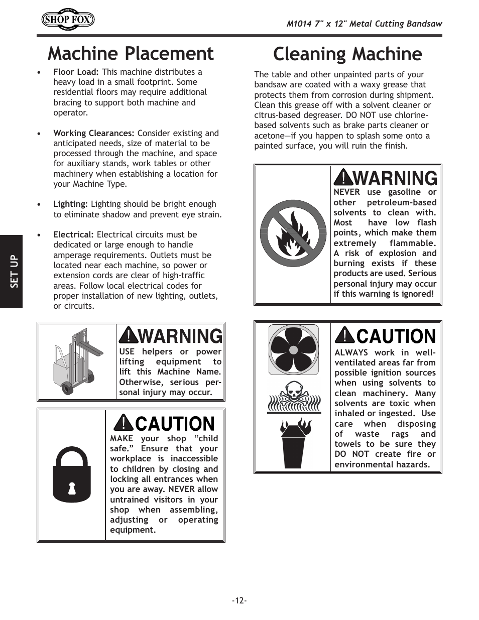 Machine placement, Cleaning machine | Woodstock SHOP FOX M1014 User Manual | Page 14 / 52