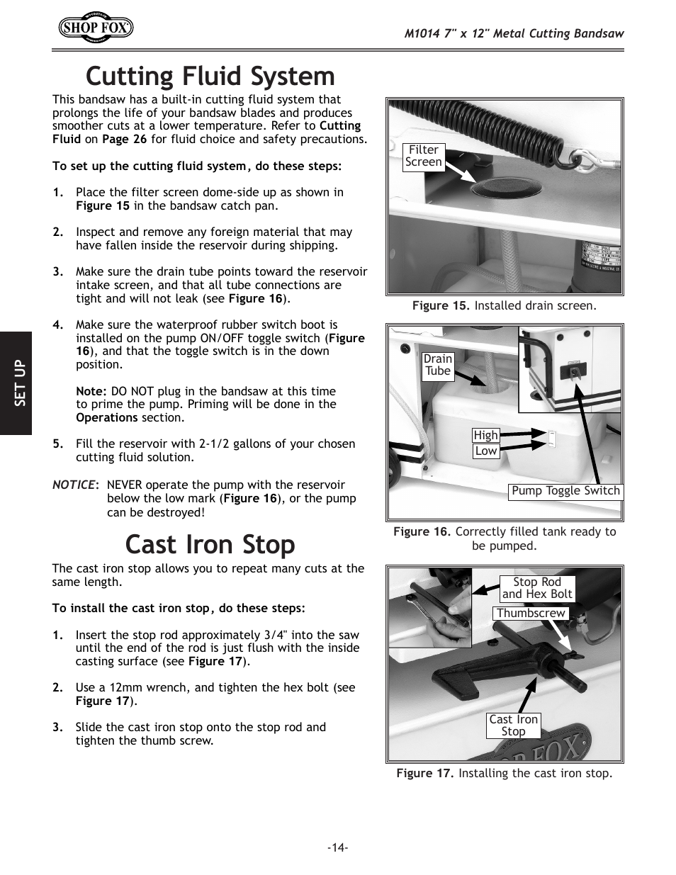 Cutting fluid system, Cast iron stop | Woodstock SHOP FOX M1014 User Manual | Page 16 / 52