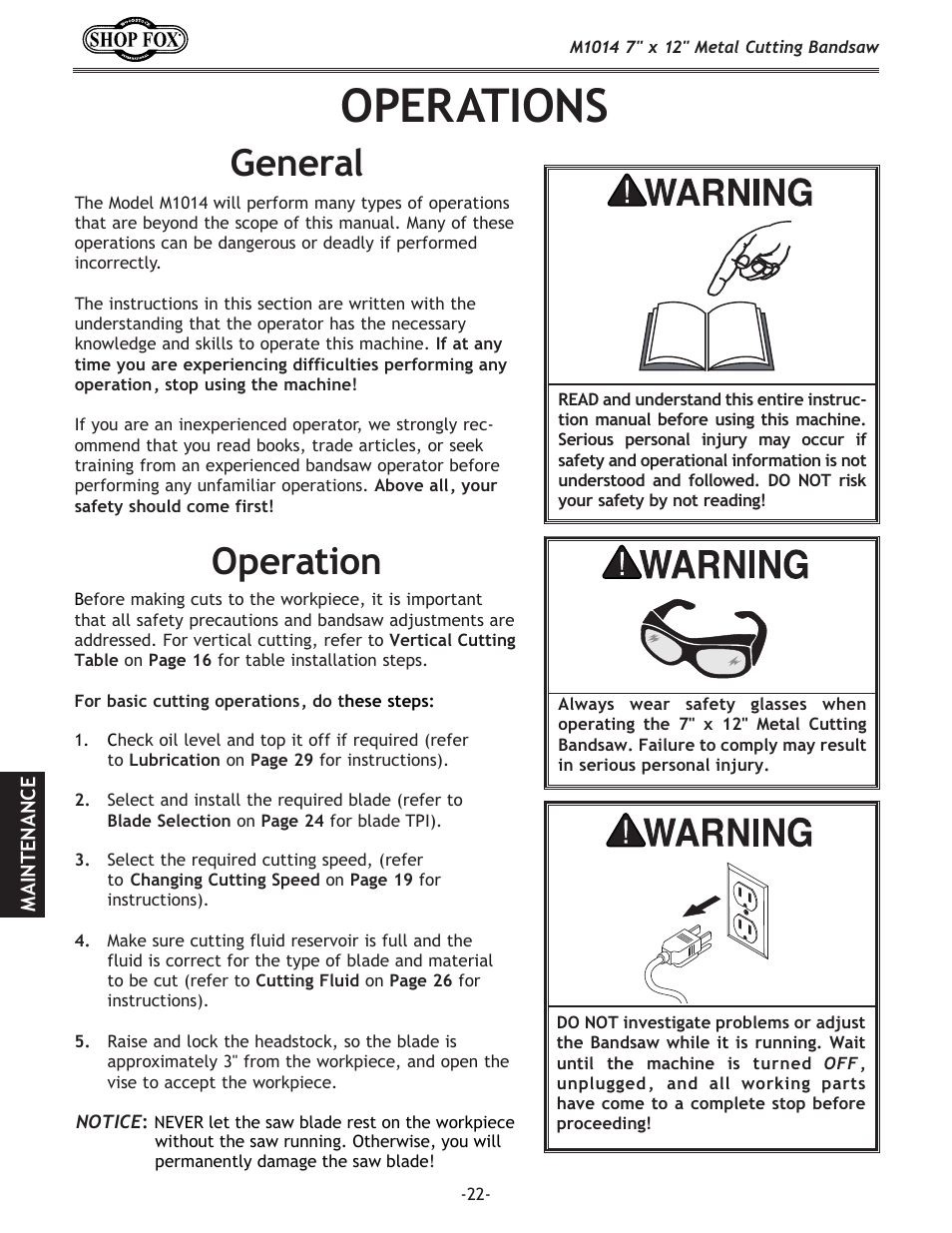 Operations, General, Operation | Woodstock SHOP FOX M1014 User Manual | Page 24 / 52