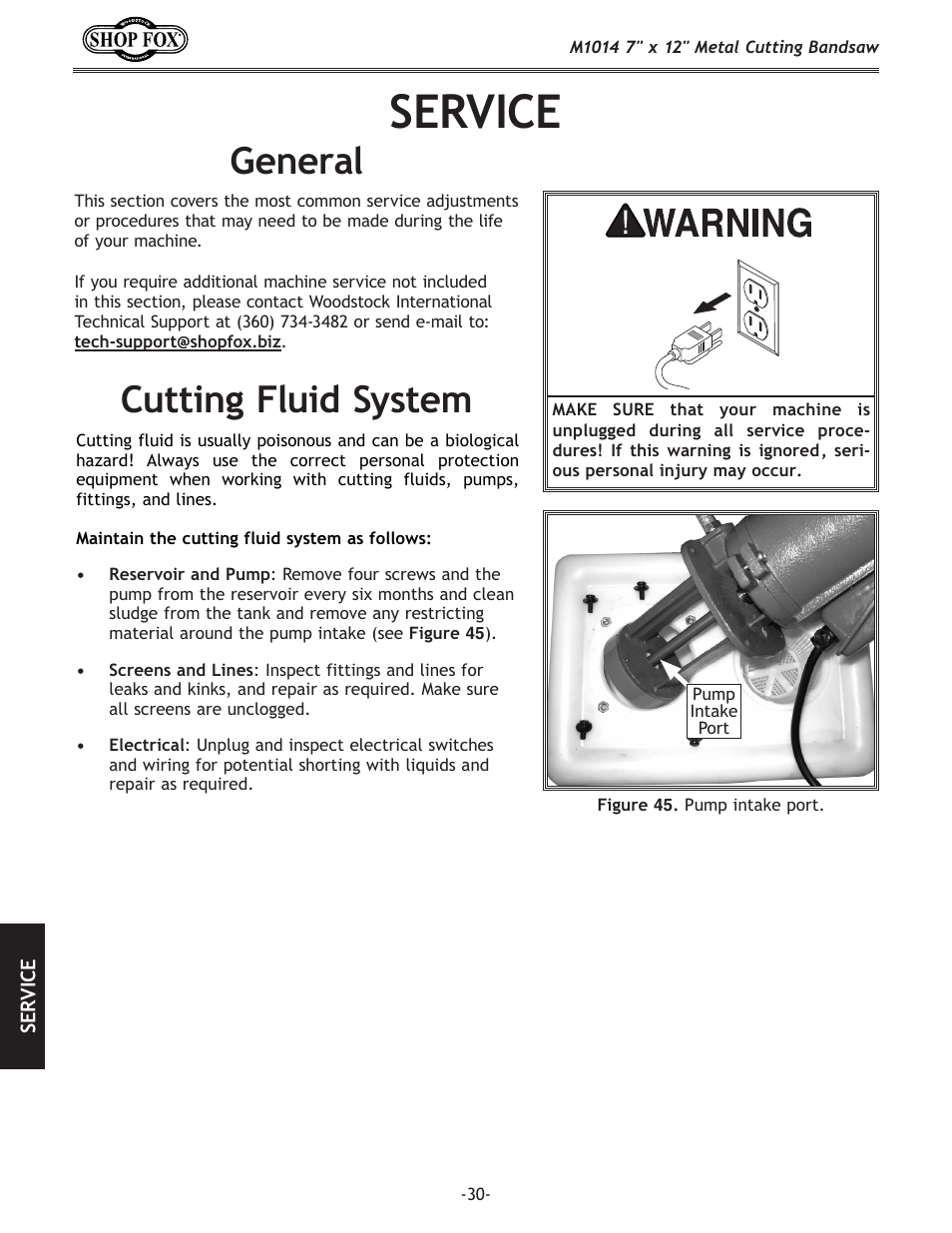 Service, General, Cutting fluid system | Woodstock SHOP FOX M1014 User Manual | Page 32 / 52