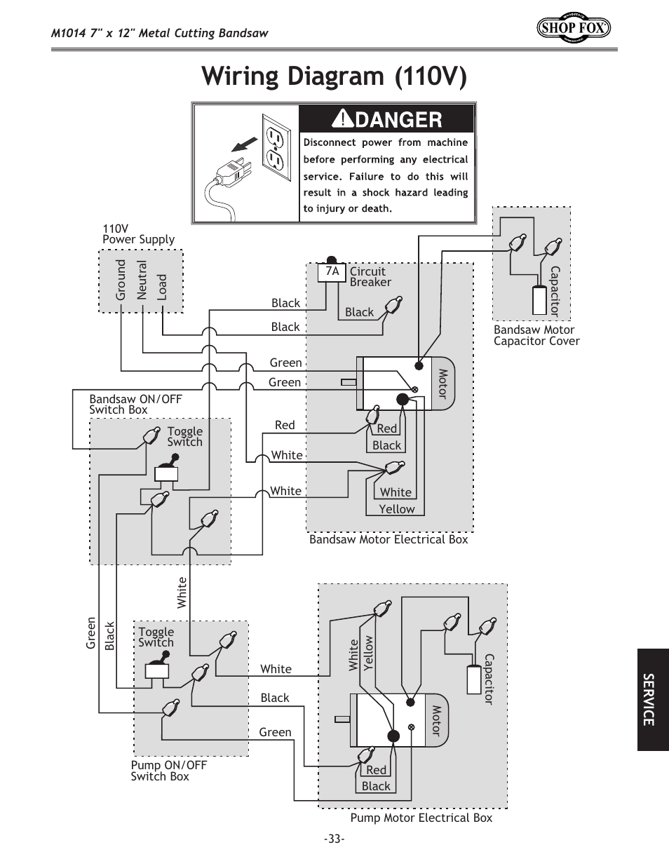 Wiring diagram (110v) | Woodstock SHOP FOX M1014 User Manual | Page 35 / 52