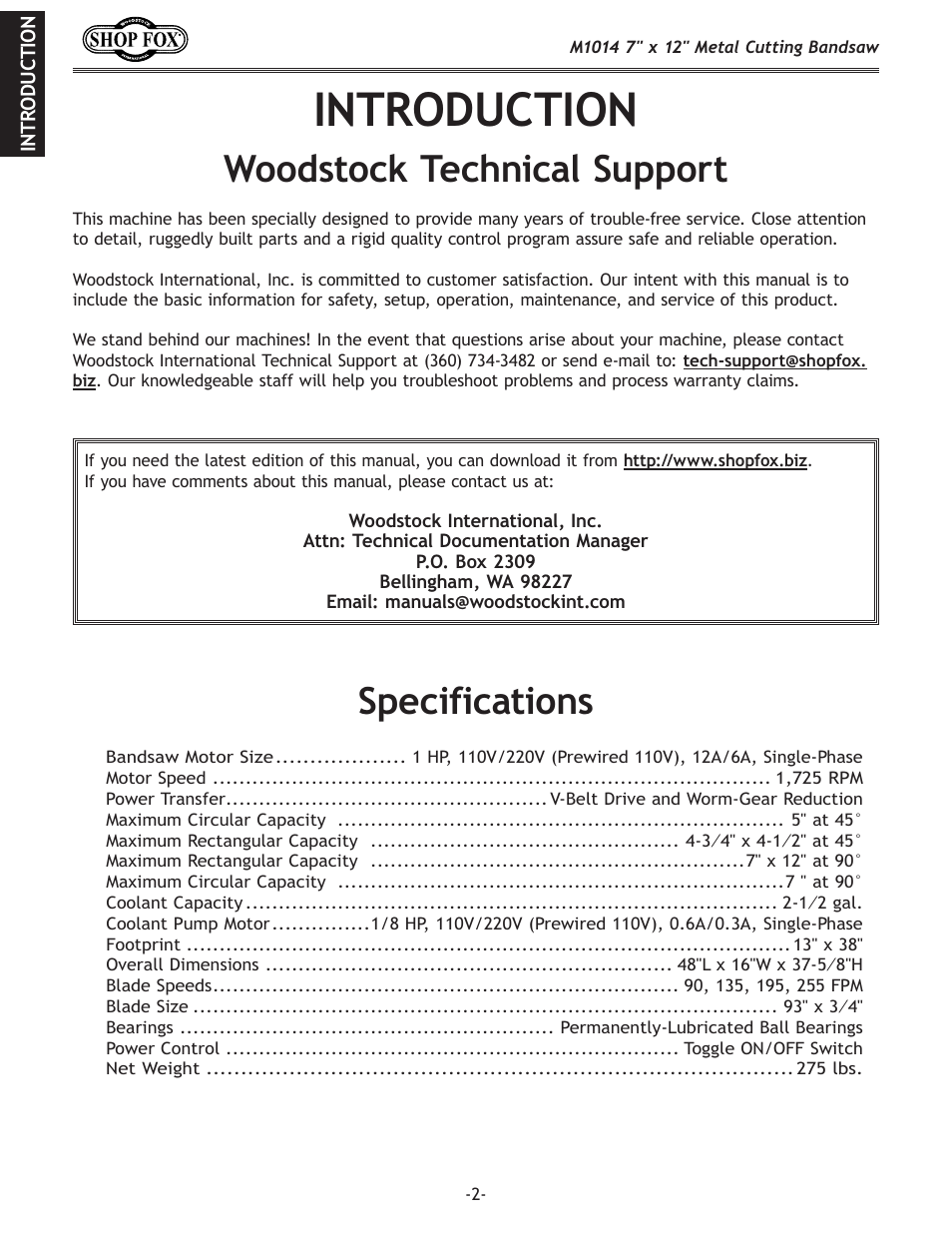 Introduction, Woodstock technical support, Specifications | Woodstock SHOP FOX M1014 User Manual | Page 4 / 52