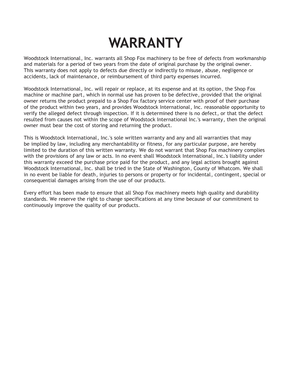 Warranty | Woodstock SHOP FOX M1014 User Manual | Page 51 / 52